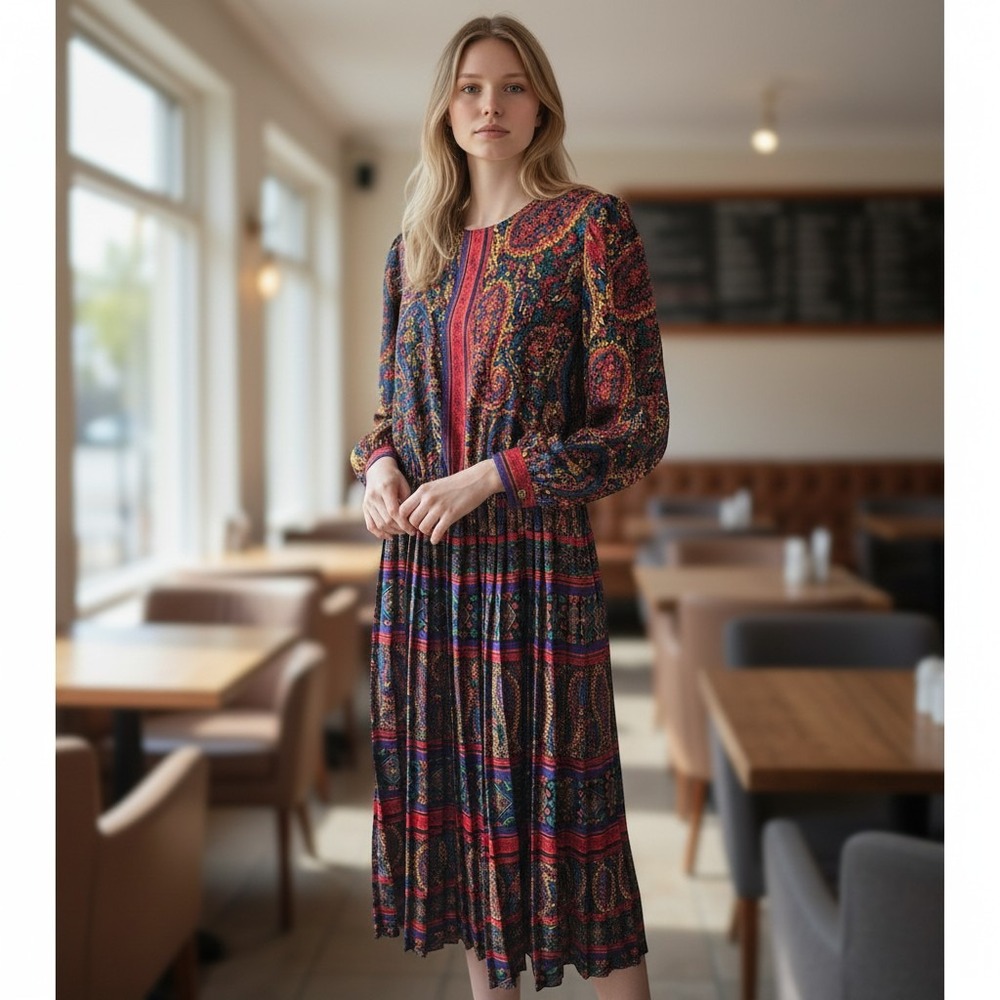 Lady Carol of New York Vintage Paisley Floral Pleated Midi Dress Multi Color 12